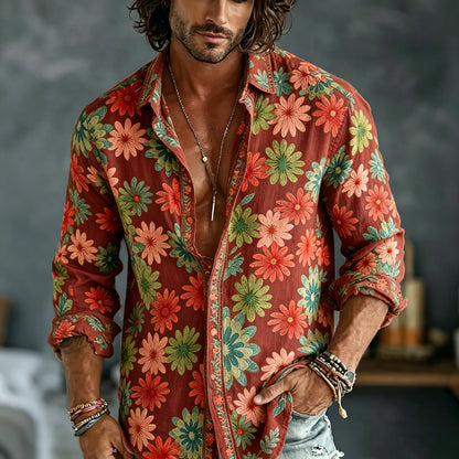 Men's Spring Summer Colorful Floral Embroidered Art Print Flowy Linen Blend Shirt