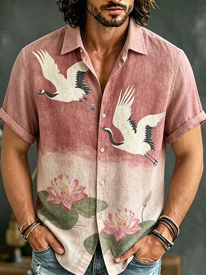 Men's Retro Lotus And Flying Crane Pattern Cotton Linen Casual Short-sleeve Shirt