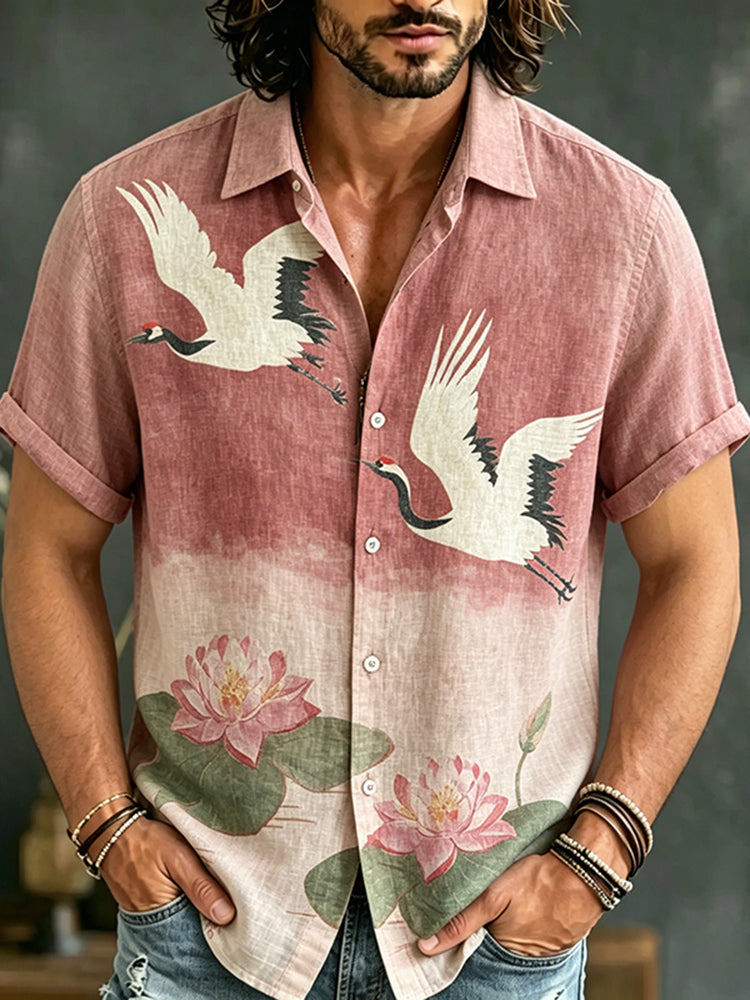 Men's Retro Lotus And Flying Crane Pattern Cotton Linen Casual Short-sleeve Shirt