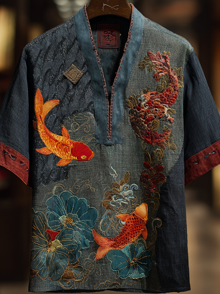 Japanese Art Style Koi Fish Element Men's V-neck Cotton And Linen Top