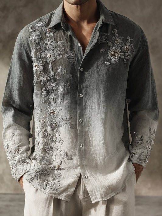 Men's Boho Floral Embroidered Gradient Linen Shirt