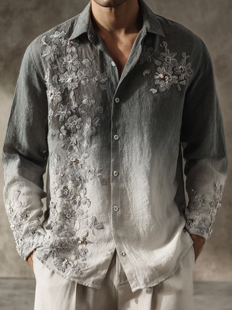 Men's Boho Floral Embroidered Gradient Linen Shirt