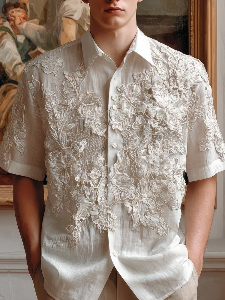 Men's Vintage Floral Lace Embroidered Linen Shirt