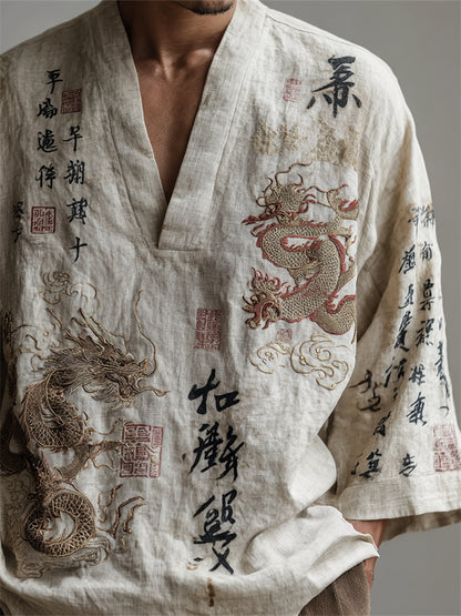 Men's Japanese Dragons Calligraphy Art Linen Shirt