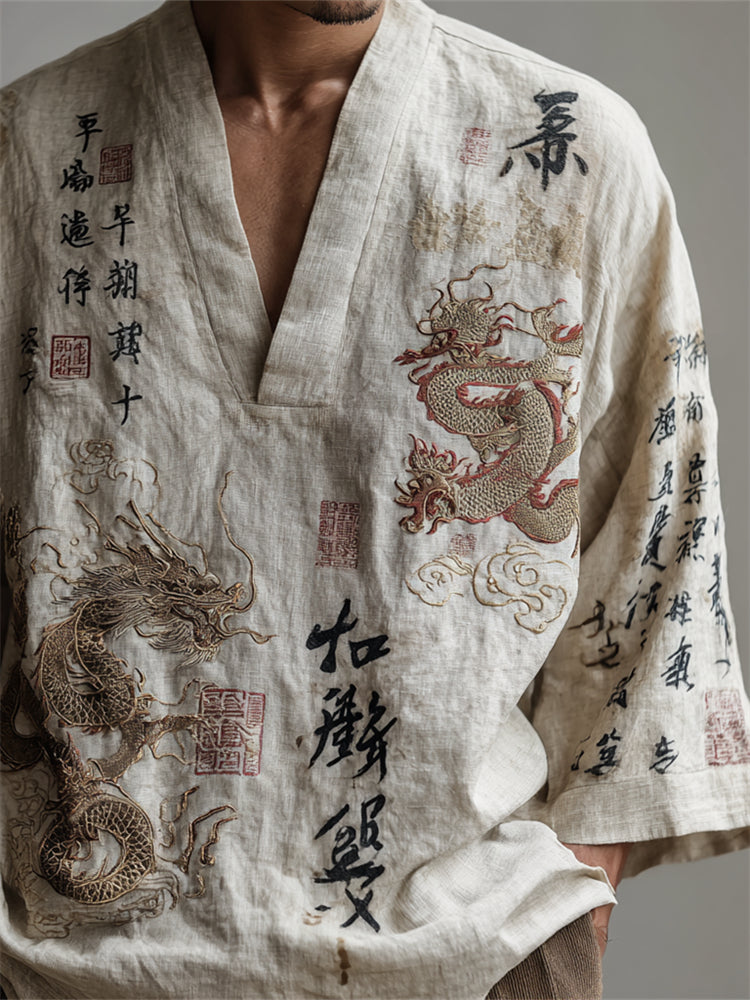 Men's Japanese Dragons Calligraphy Art Linen Shirt