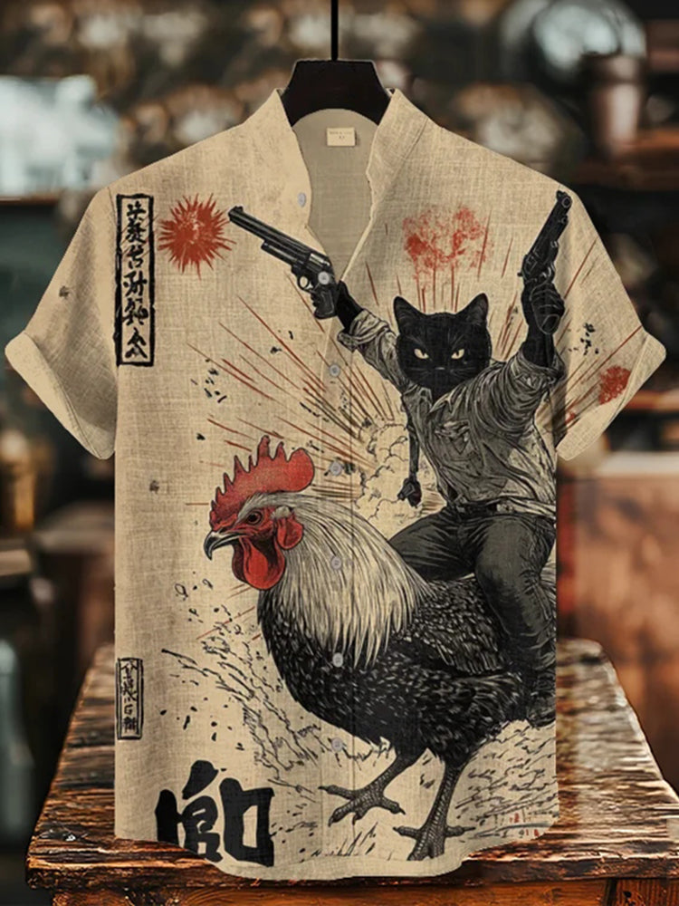 Men's Rooster And Black Cat Explosion Scene Calligraphy Print Short Sleeve Shirt