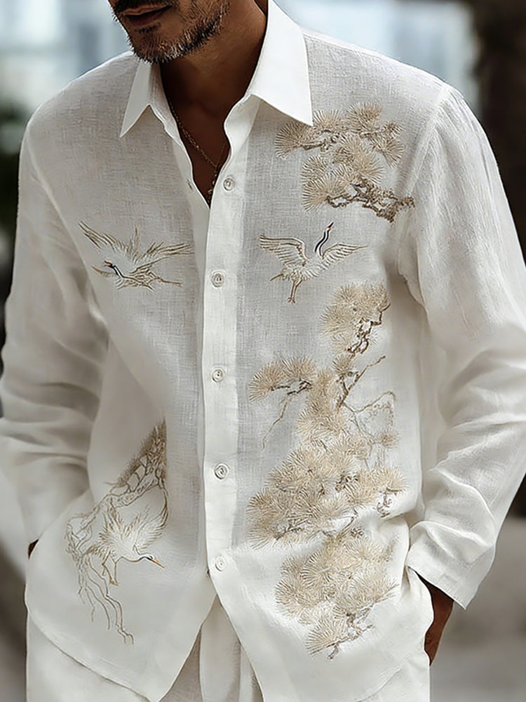 Men's Retro Pine Tree And Crane Art Linen Shirt