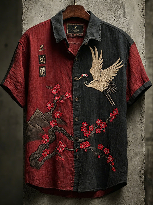 Men's Retro Red Plum With Cranes Color-block Art Linen Shirt