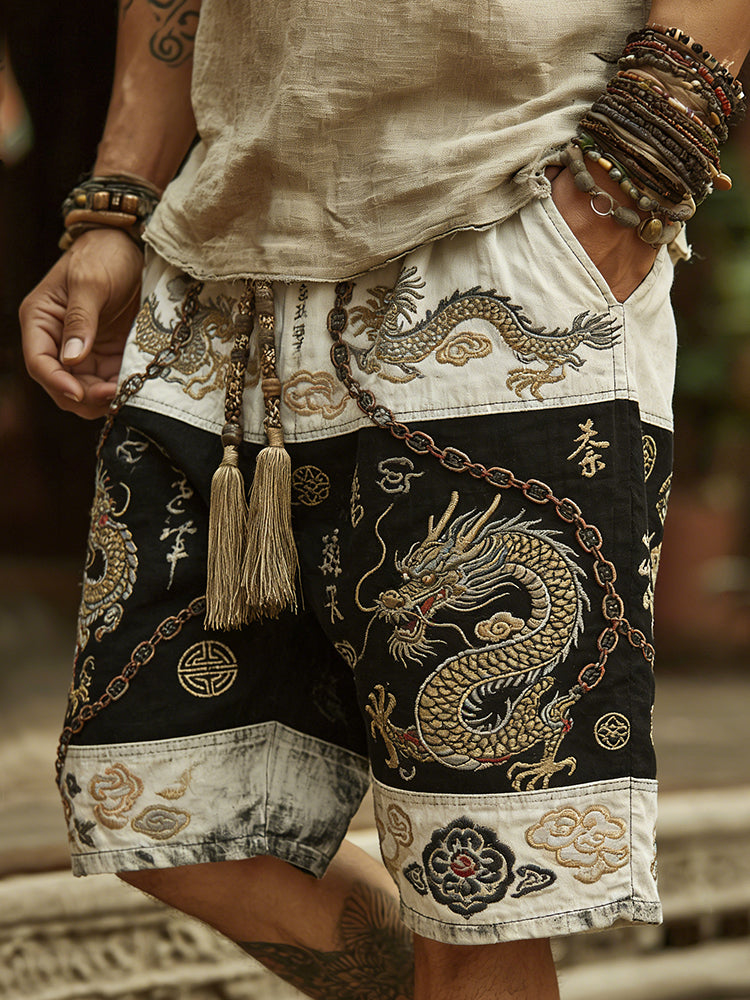 Vintage Japanese-style Dragon Pattern And Traditional Motif Patchwork Cotton-linen Shorts