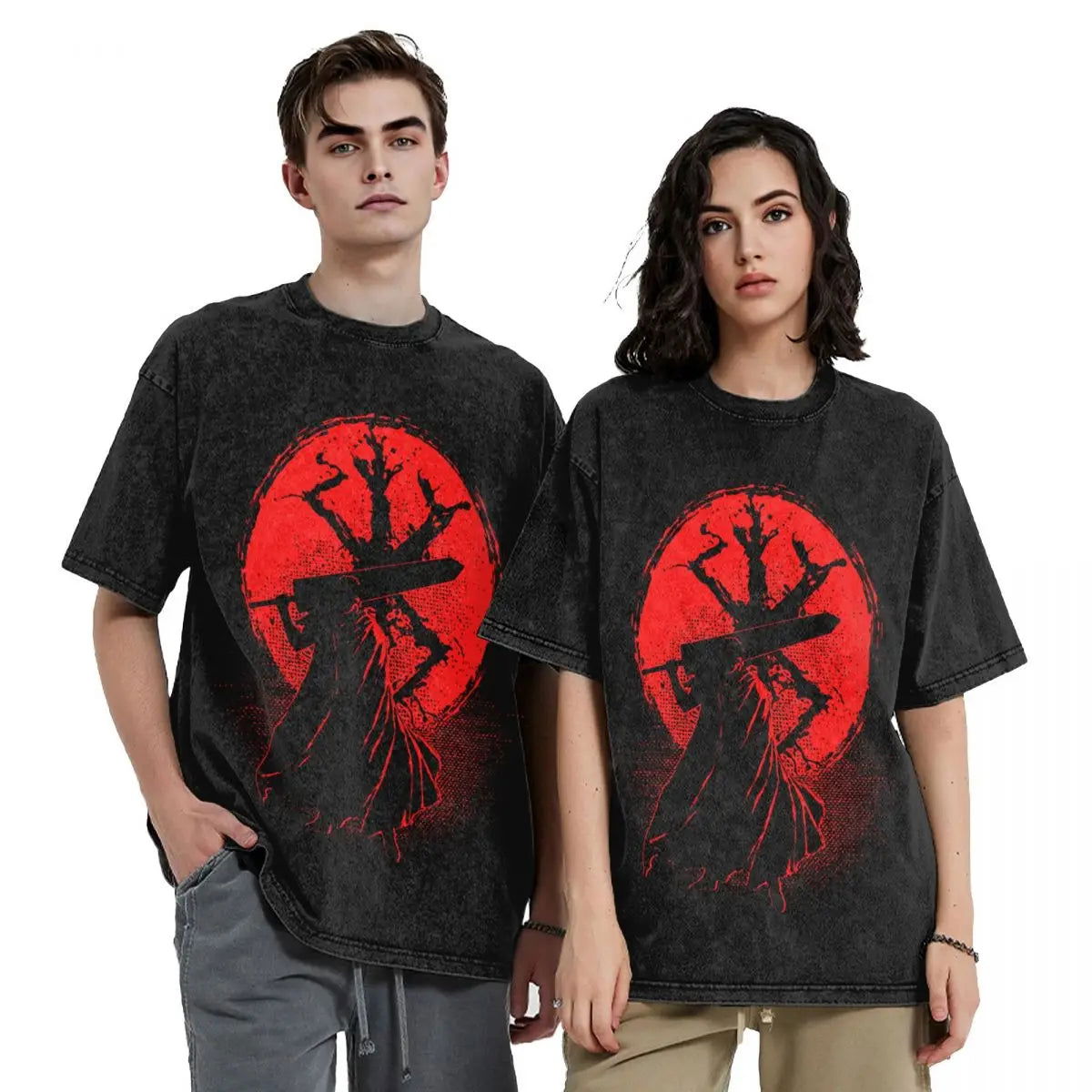 Anime Berserk Guts Washed Vintage T-Shirt - Ver. Red Moon