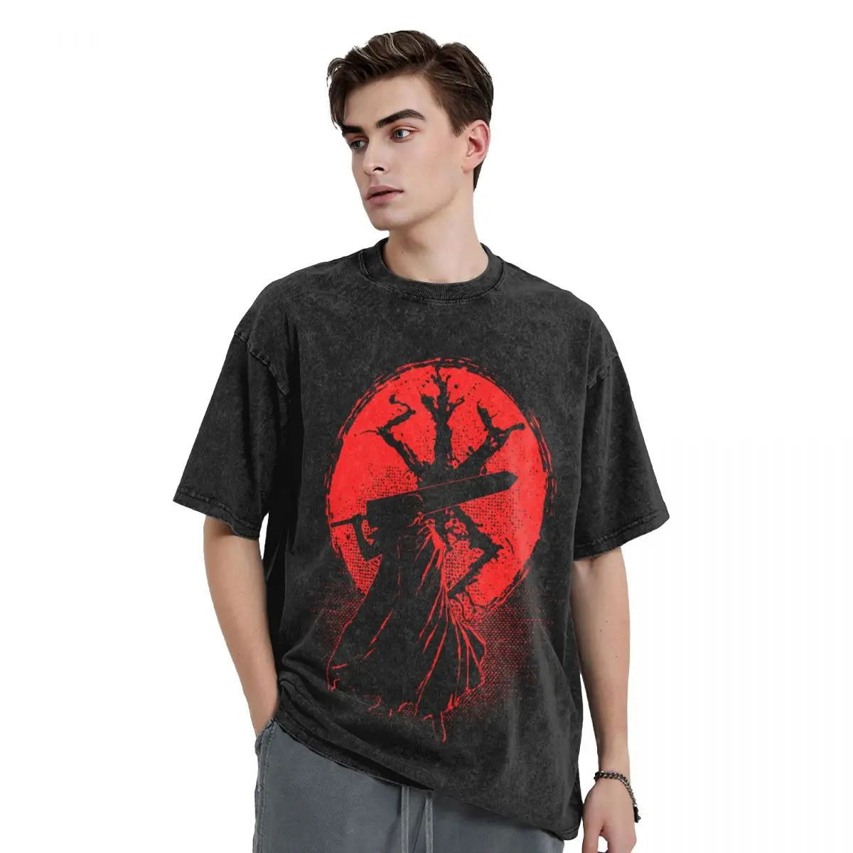 Anime Berserk Guts Washed Vintage T-Shirt - Ver. Red Moon