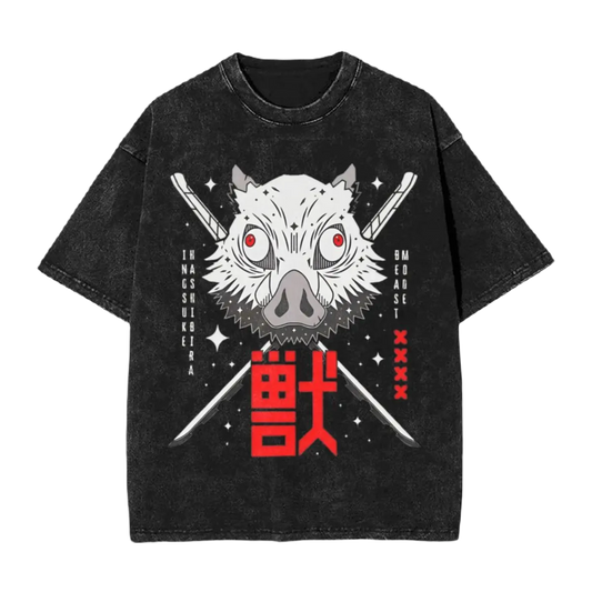 Anime Washed Cotton T-Shirt - Beast Demon Slayers