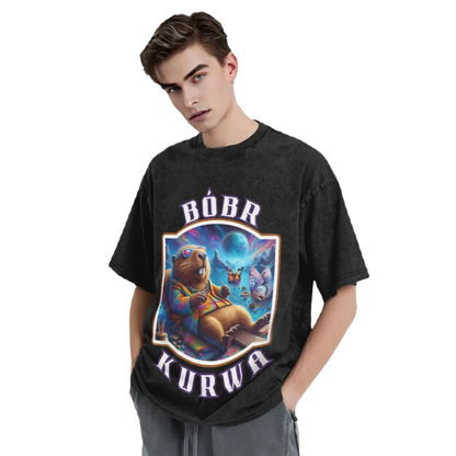 Cartoon Washed Cotton Vintage Tee - Bobr Kurwa