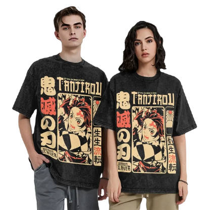 Anime Washed Cotton T-Shirt - Demon Slayers The Dragon