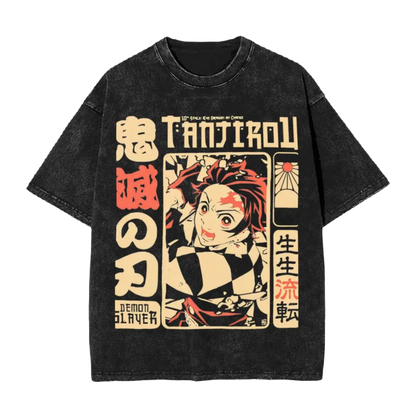 Anime Washed Cotton T-Shirt - Demon Slayers The Dragon