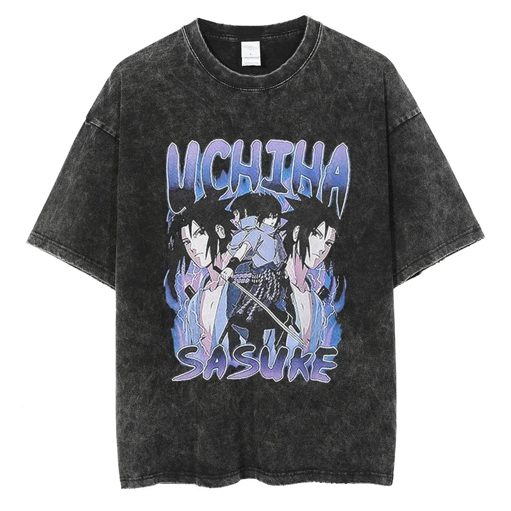 Naruto T-shirt - Uchiha Sasuke Anime Streetwear Harajuku - Washed Vintage