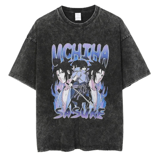 Naruto T-shirt - Uchiha Sasuke Anime Streetwear Harajuku - Washed Vintage