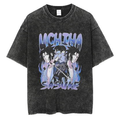 Naruto T-shirt - Uchiha Sasuke Anime Streetwear Harajuku - Washed Vintage