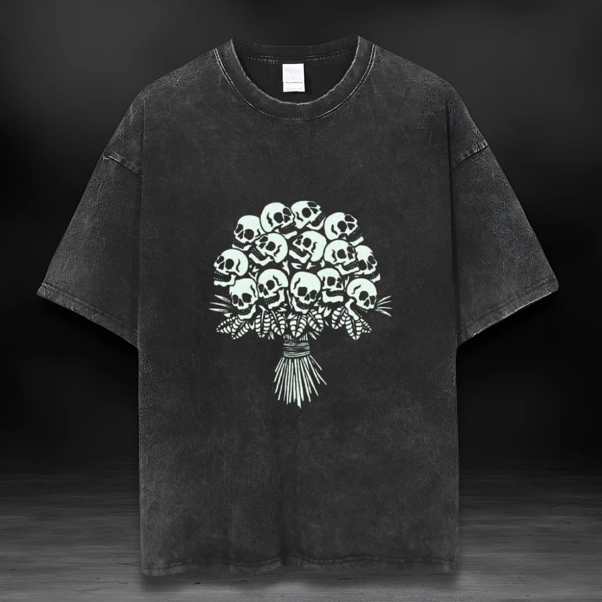 Skull Vintage Washed T-shirt-Skull flower bouquet