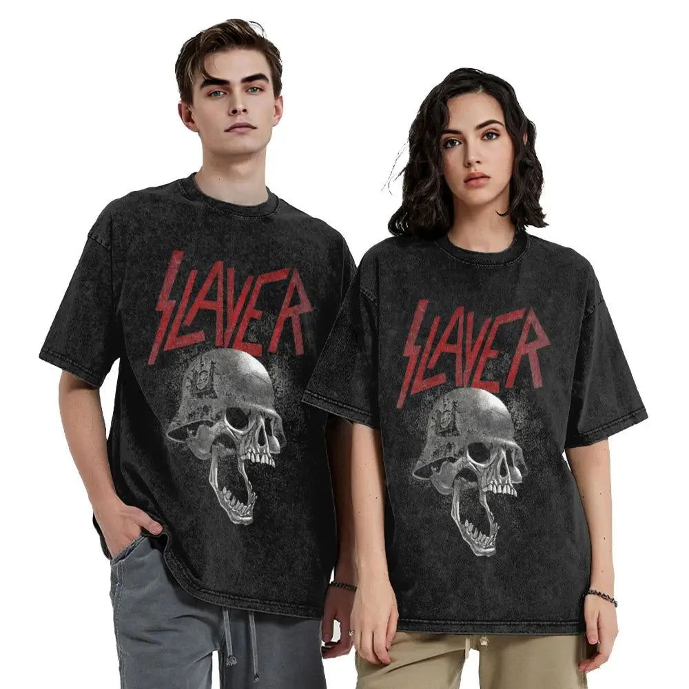 Slayer Skull Helmet Washed T-Shirt Streetwear