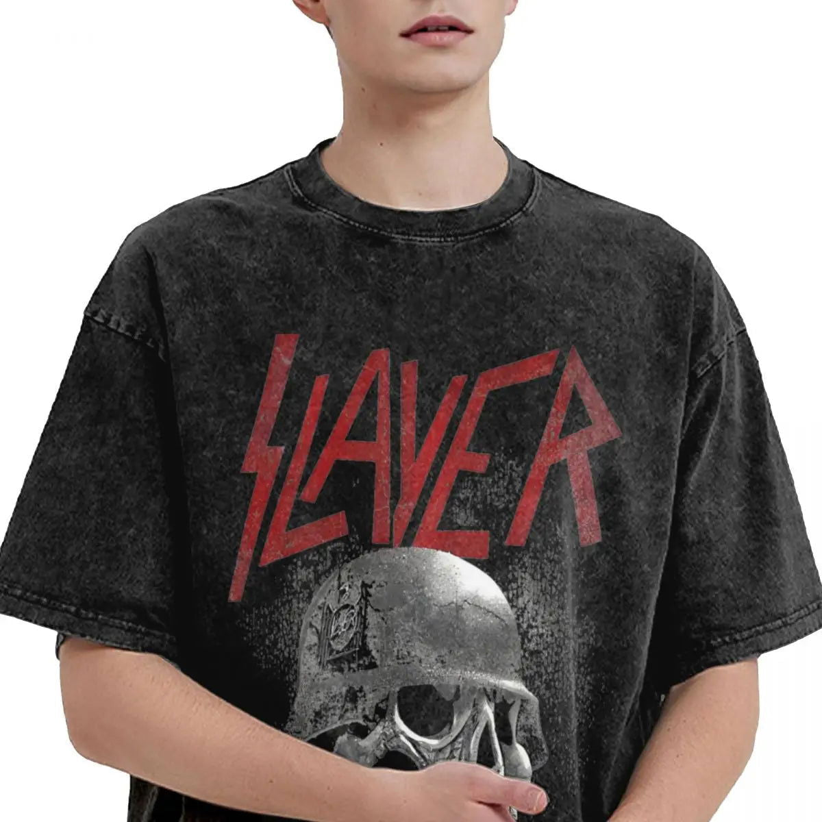 Slayer Skull Helmet Washed T-Shirt Streetwear