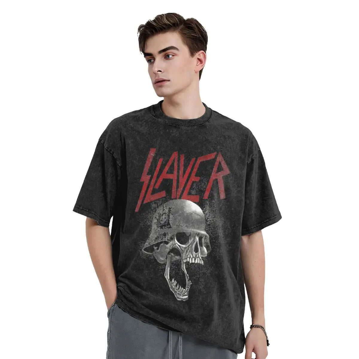 Slayer Skull Helmet Washed T-Shirt Streetwear