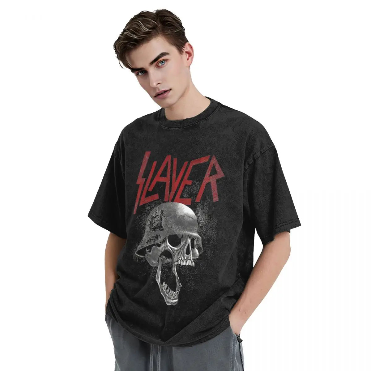 Slayer Skull Helmet Washed T-Shirt Streetwear