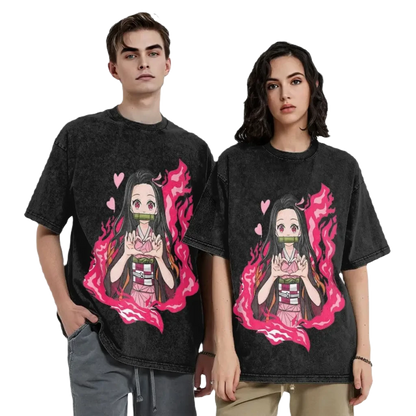 Anime Washed Cotton Tee - Nezuko Heart Demon Slayers