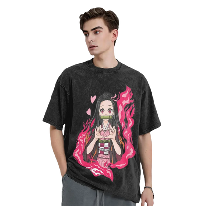 Anime Washed Cotton Tee - Nezuko Heart Demon Slayers