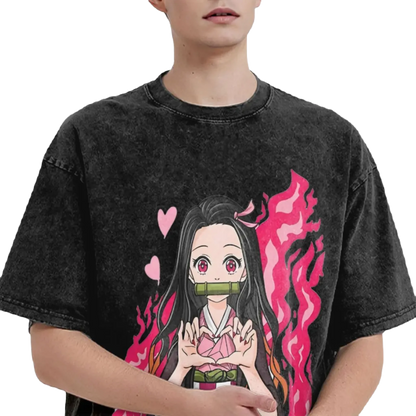 Anime Washed Cotton Tee - Nezuko Heart Demon Slayers