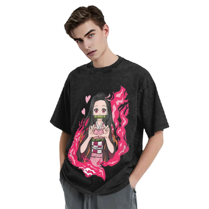 Anime Washed Cotton Tee - Nezuko Heart Demon Slayers
