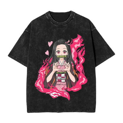 Anime Washed Cotton Tee - Nezuko Heart Demon Slayers