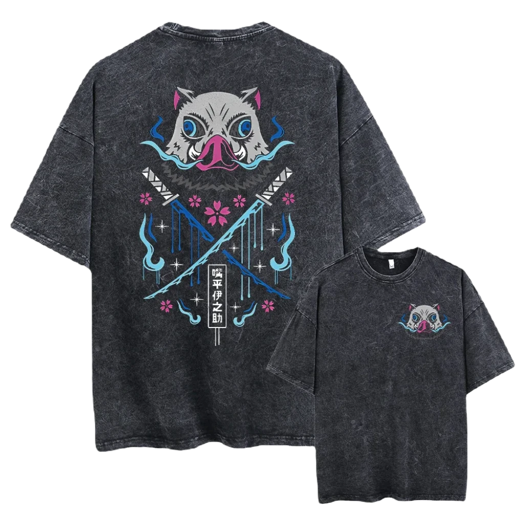 Anime Demon Slayer Washed Tee - Piggy Cotton Vintage