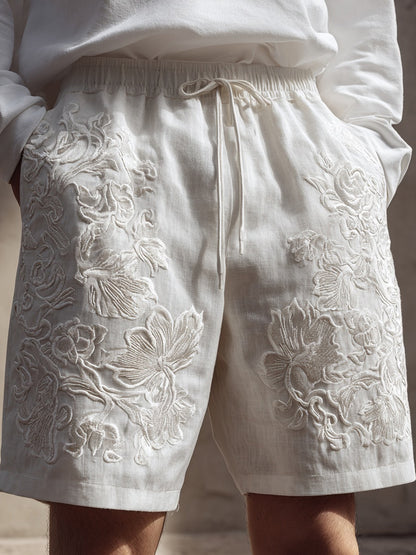 Men's Floral Lace Embroidered Comfy Linen Shorts