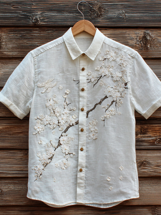 Japanese Style Cherry Blossom Tree Art Embroidery Casual Short Sleeve Shirt