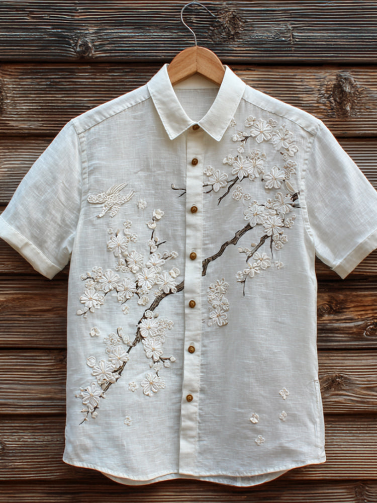 Japanese Style Cherry Blossom Tree Art Embroidery Casual Short Sleeve Shirt
