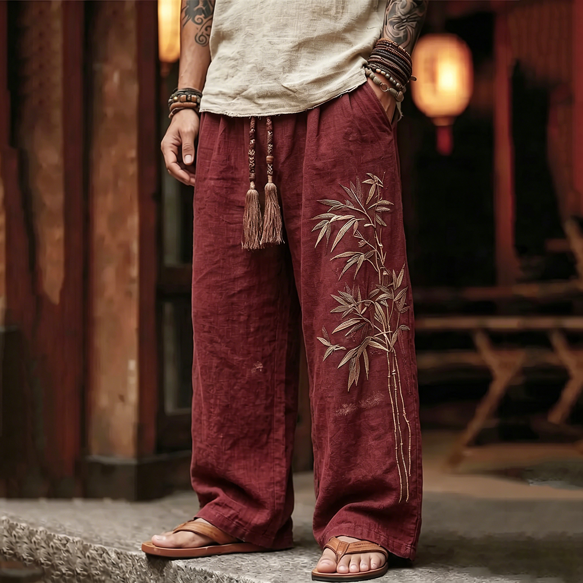 Men's Vintage Japanese Bamboo Embroidery Art Linen Blend Pants