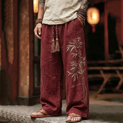 Men's Vintage Japanese Bamboo Embroidery Art Linen Blend Pants