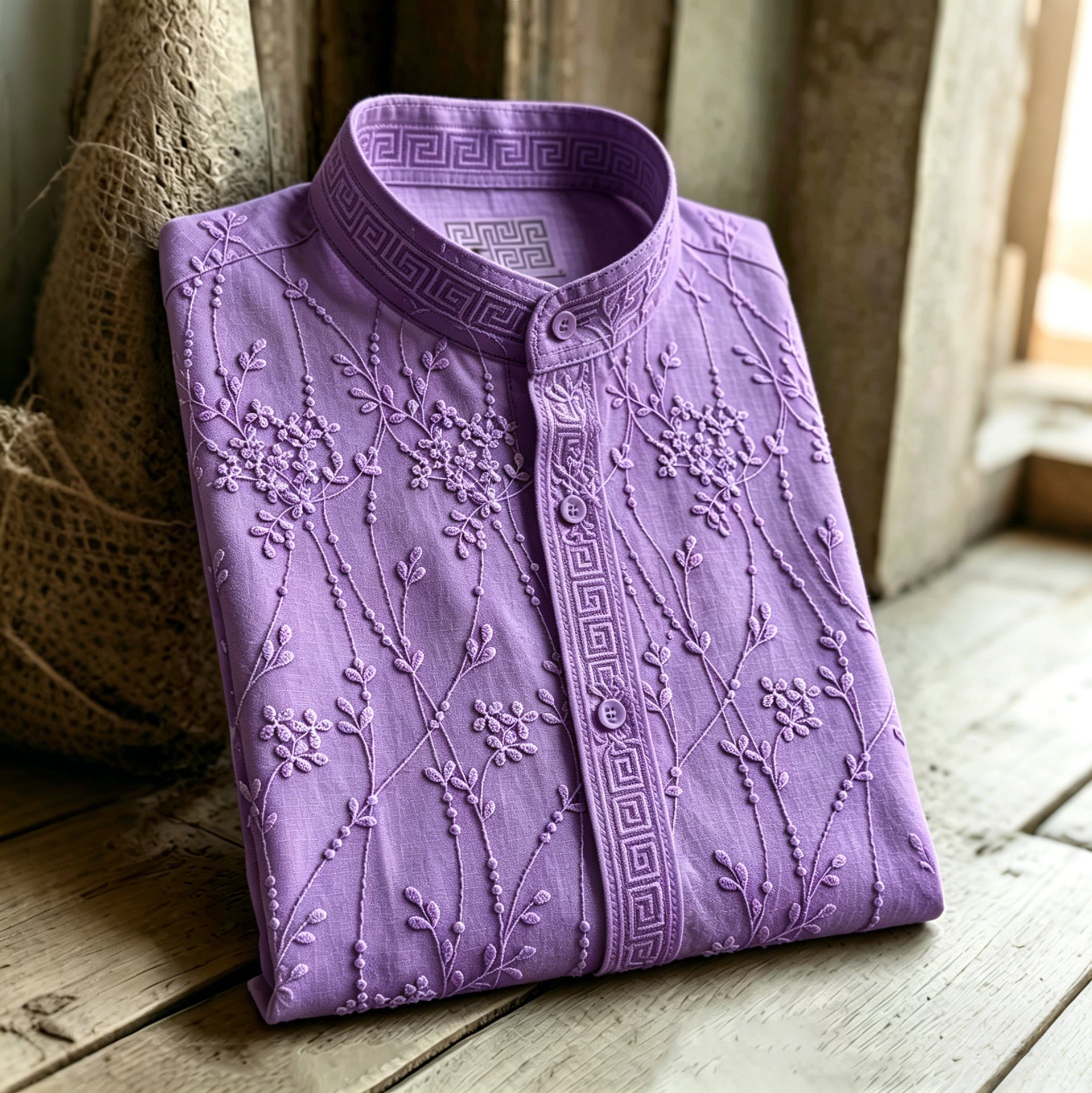 Retro Floral Pattern Casual Linen Blend Shirt