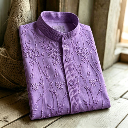 Retro Floral Pattern Casual Linen Blend Shirt