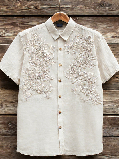 Vintage Clouds & Cranes Art Short Sleeve Linen Shirt