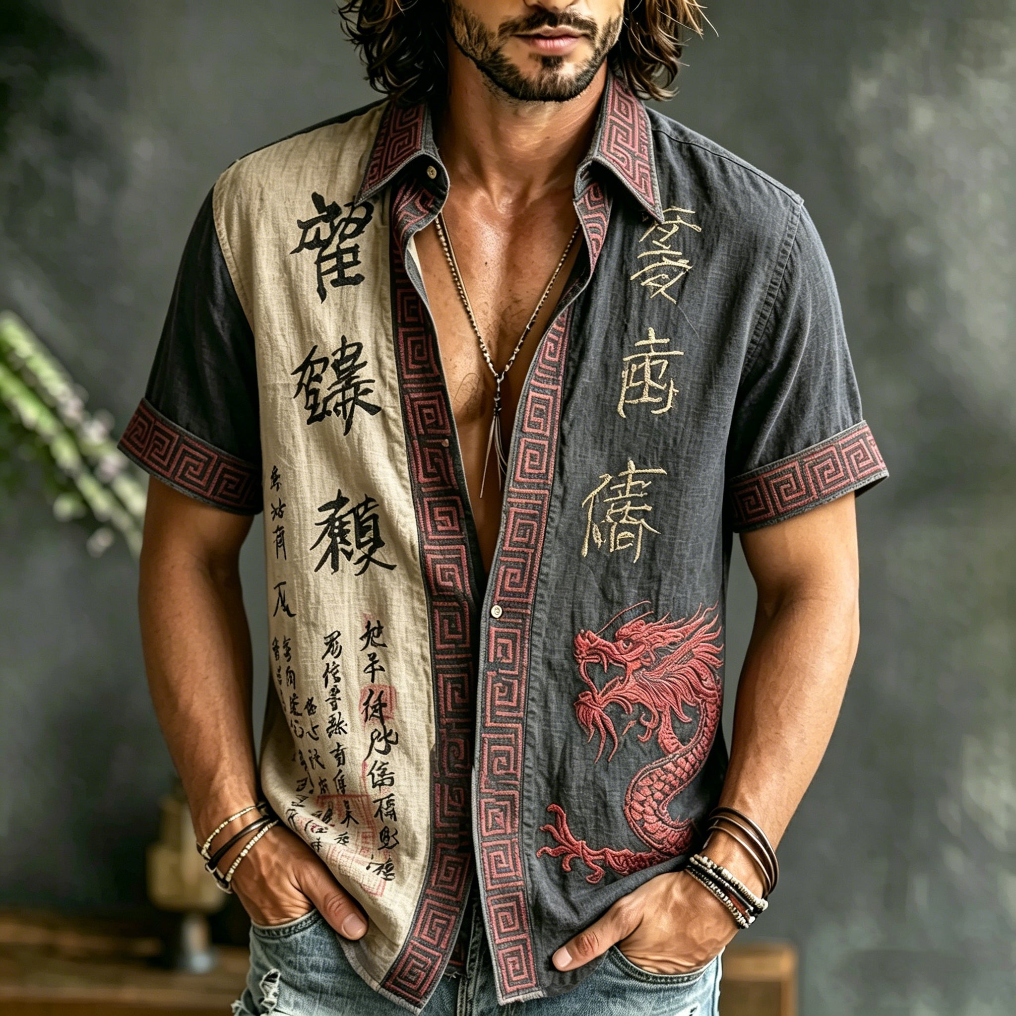 Men's Retro Japanese Calligraphy And Dragon Art Pattern Casual Linen Blend Shirt