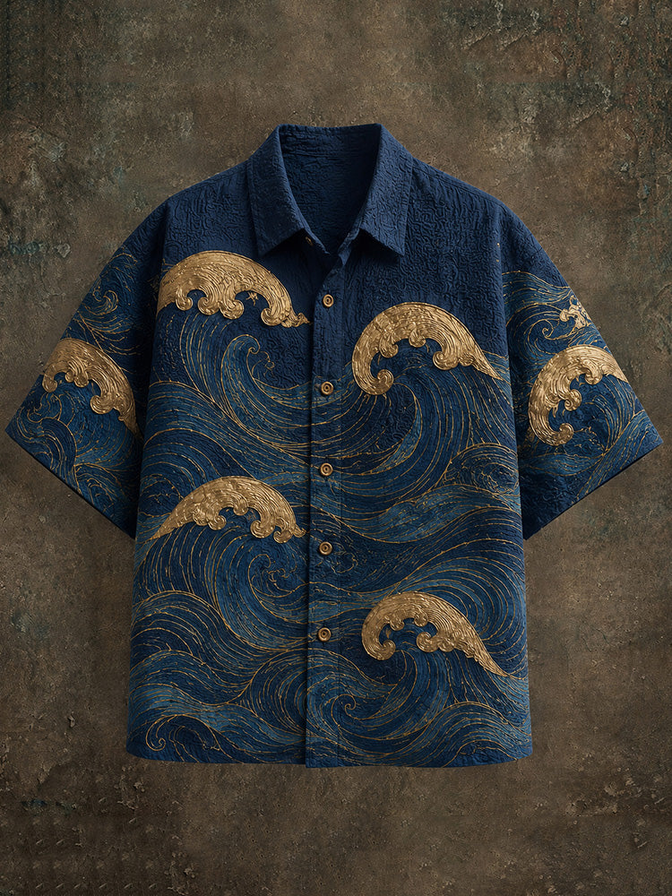 Men's Japanese Art Wave Print Cotton Linen Top
