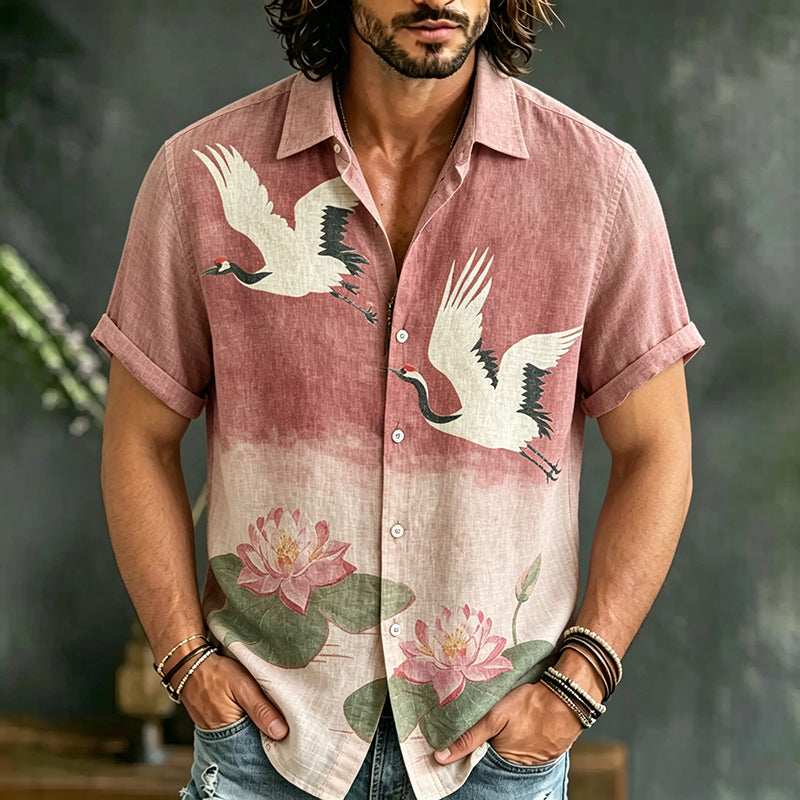 Men's Retro Lotus And Flying Crane Pattern Cotton Linen Casual Short-sleeve Shirt