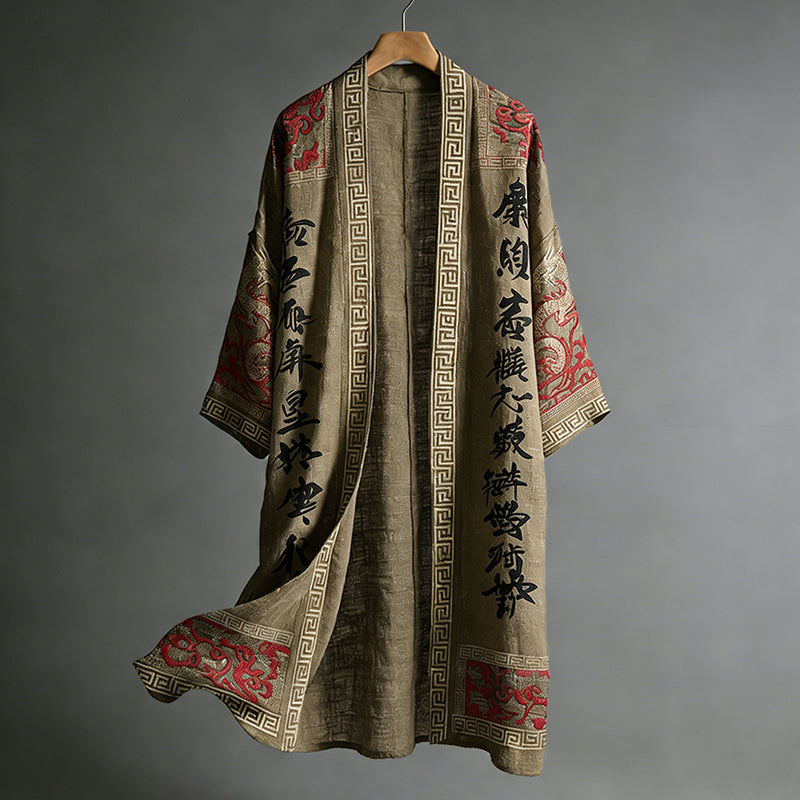 Men's Japanese Dragon Pattern Calligraphy And Painting Art Linen Long Kimono