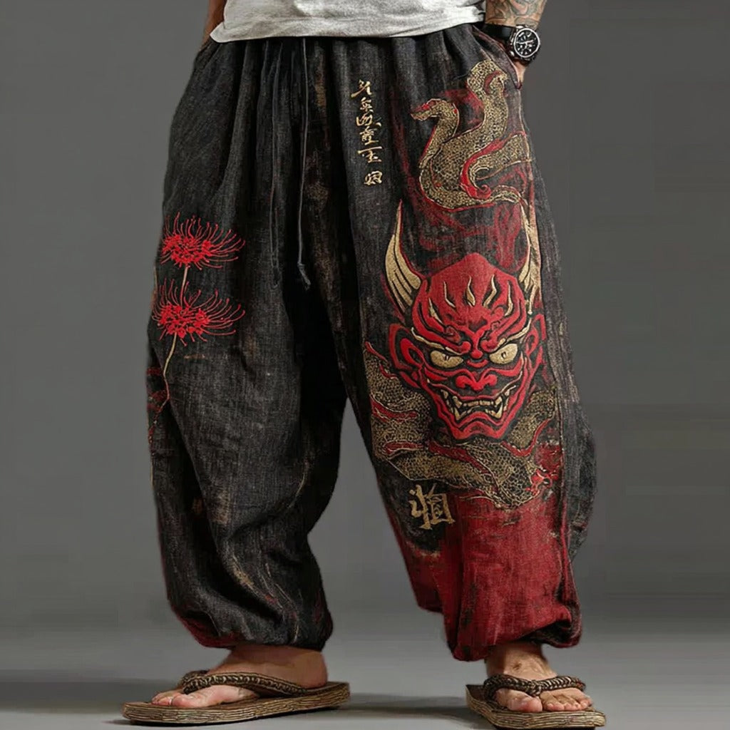 Men's Retro Japanese Red Spider Lily Pattern Linen Blend  Pants