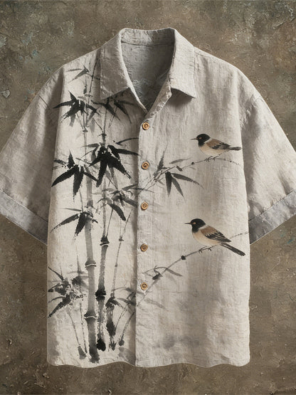 Japanese Ink Painting Art Linen Short Sleeve Shirt