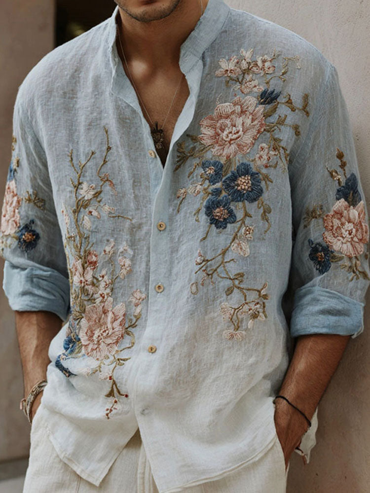 Men's Retro Floral Art Pattern Linen Blend Casual Shirt