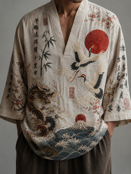 Men's Japanese Art Crane, Cloud, And Bamboo Print Cotton Linen Top