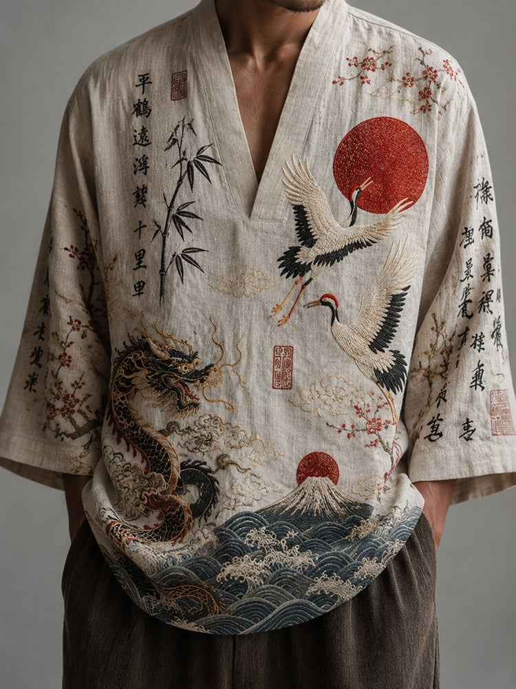 Men's Japanese Art Crane, Cloud, And Bamboo Print Cotton Linen Top